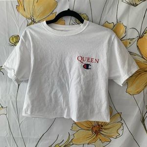 Champion x queen cropped white graphic tee
